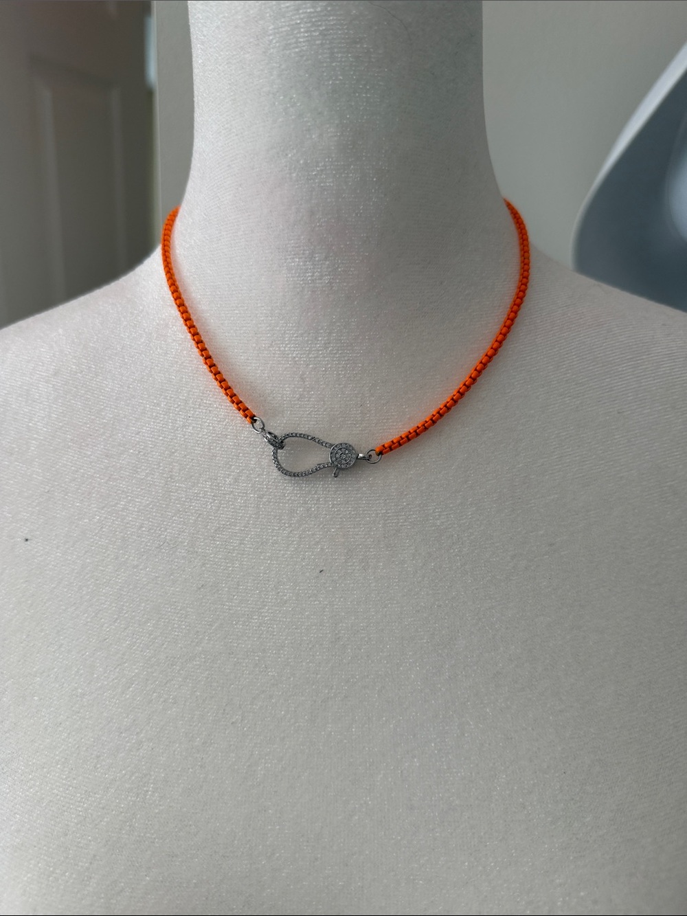 Orange Beaded Necklace with Pave Silver Clasp